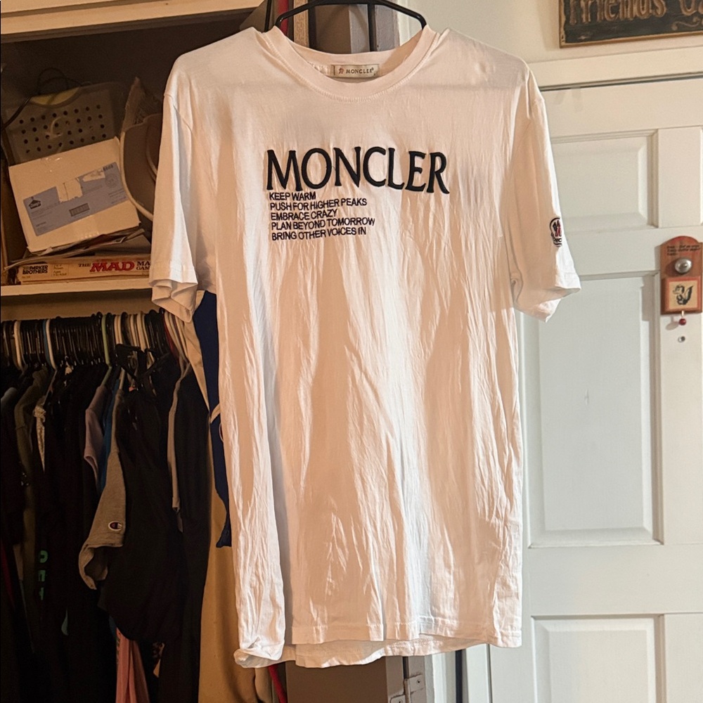 Moncler White Short Sleeve Logo T-Shirt with Black Text